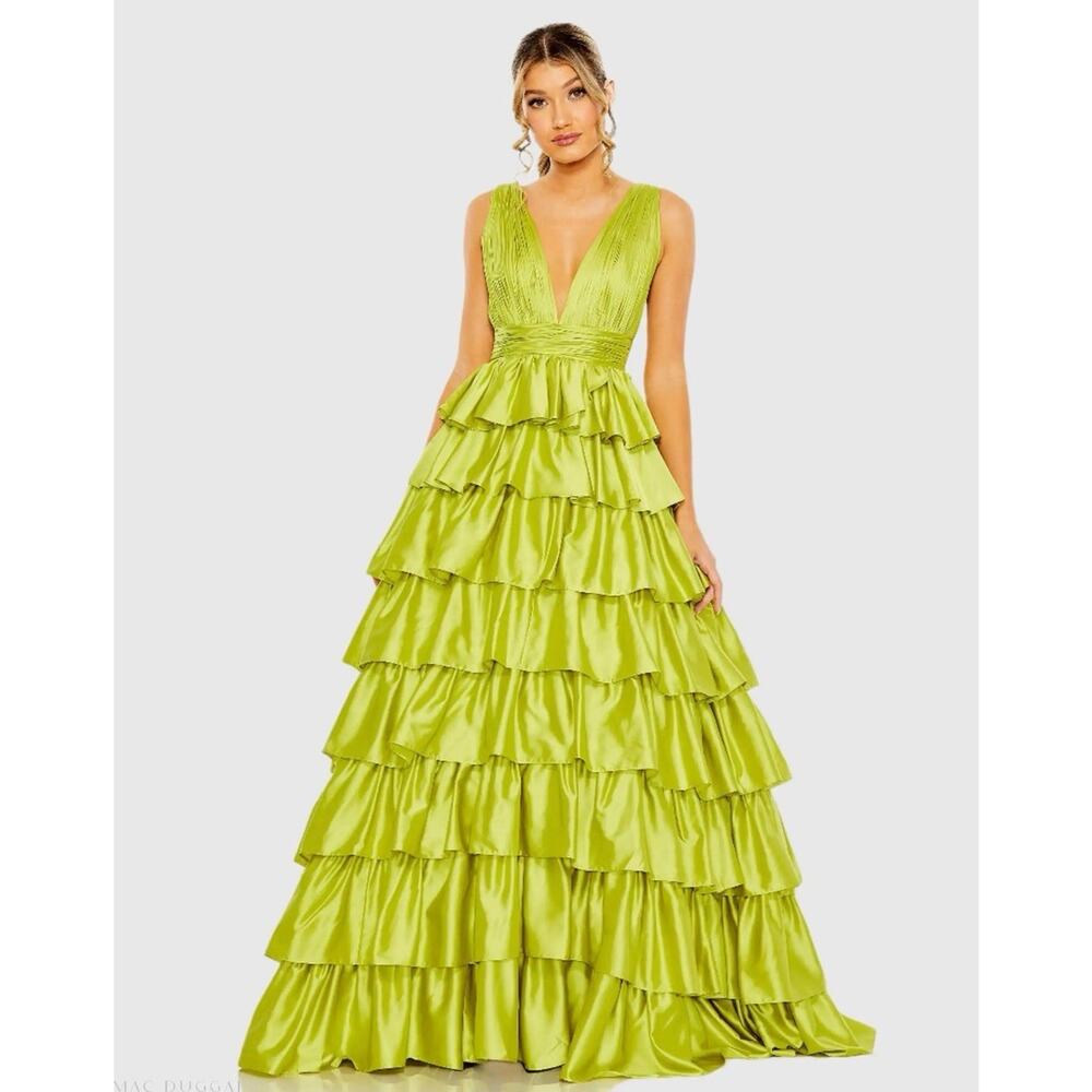 MacDuggal 67994 Chartreuse Sleeveless Tiered Ruffle Pleated Ball Gown Sz 10 $598 - Picture 3 of 16